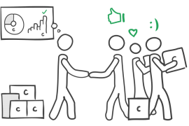 Happy people shaking hands and celebrating next to sorted blocks labeled C