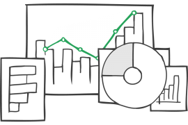 A dashboard with line, bar and pie charts